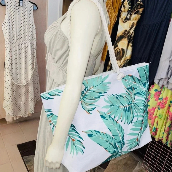 - DONDON LARGE CANVAS GREEN PALM PRINT ZIP BEACH BACH TOTE WITH ROPE HANDLES - Picture 5 of 7